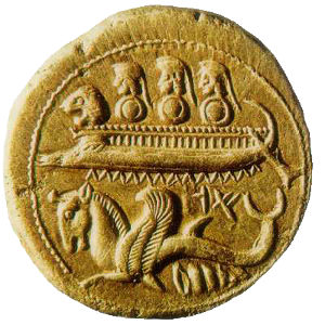 Phoenician coin depicting ship with eye on prow